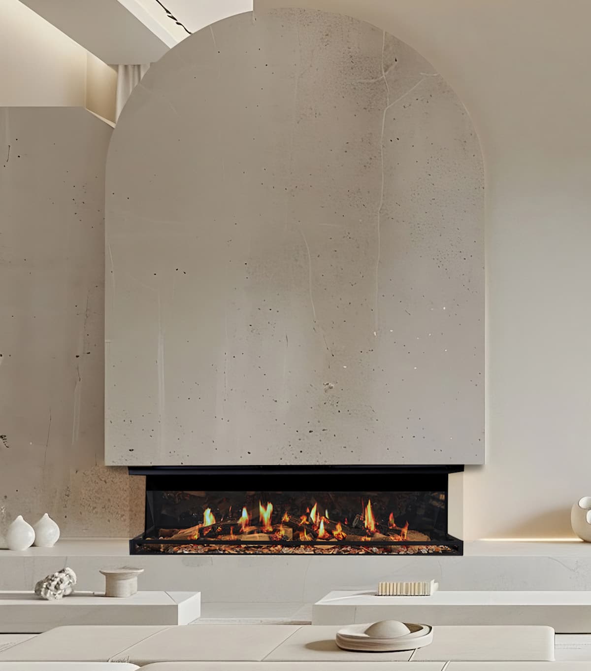 beige slate fireplace with holographic flames