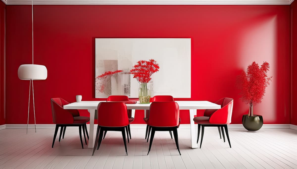 Dining room with bright red walls, red chairs and white dining table