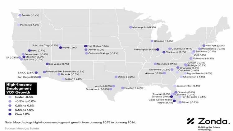 Map of United States with various cities with high employment levels highlighted