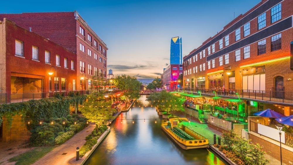 Bricktown at dusk in Oklahoma City, Oklahoma.