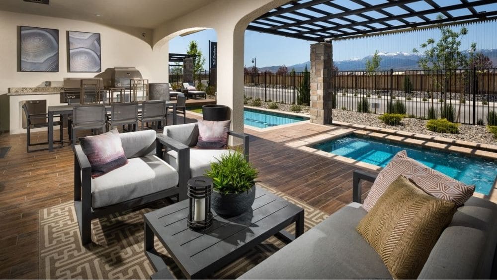 Rendering of a patio with a pavilion that extends over one of two private pools.