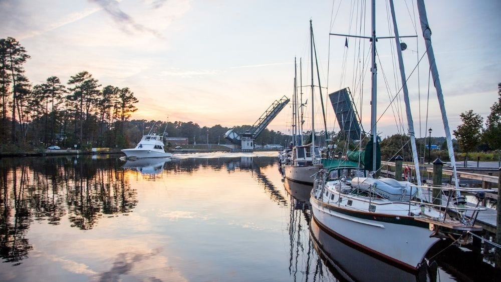 Boats along the Intracoastal Waterway in Chesapeake, Virginia.