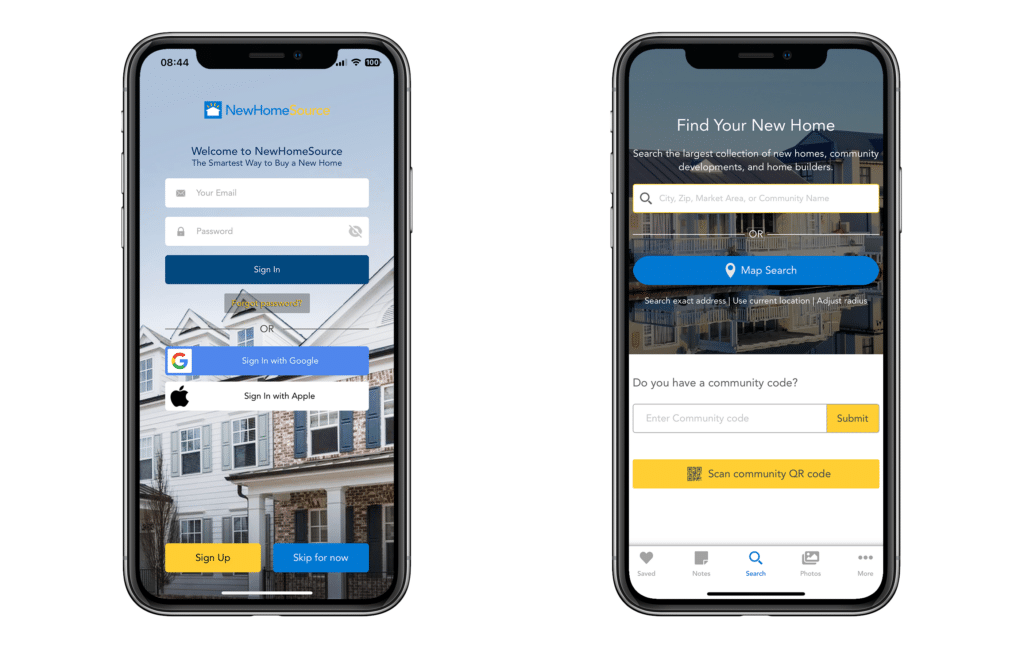 screenshots showing the NewHomeSource app on a smartphone