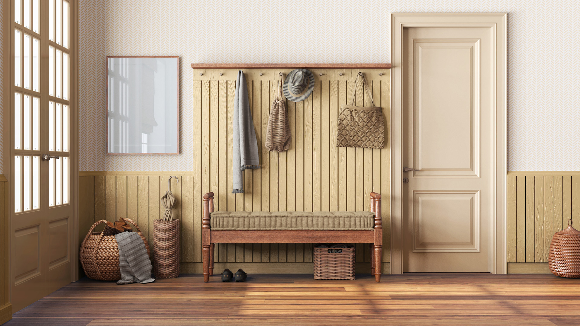 Foyer with hooks and bench