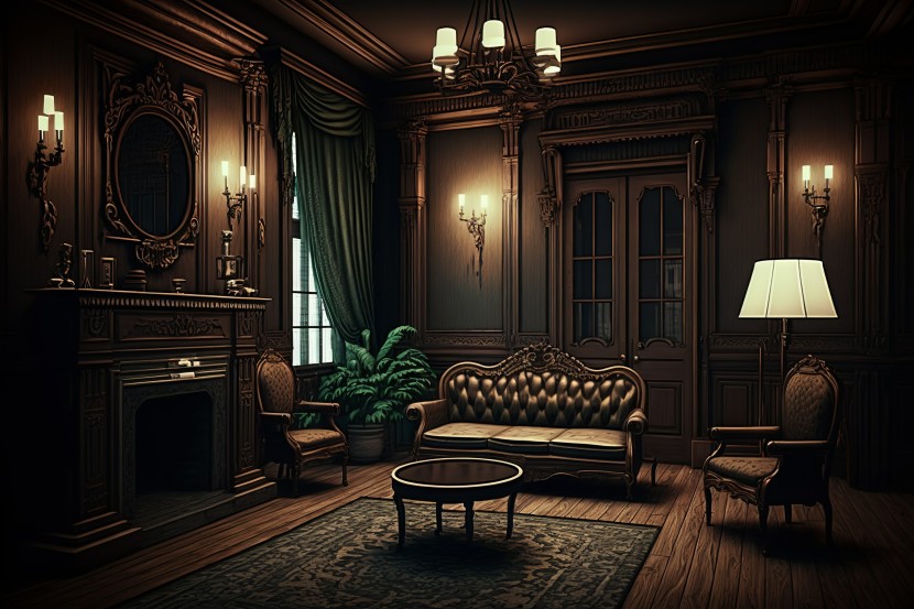 A darkly colored living room, with curved leather sofa, chandelier, plant and lamp in the  Victorian style