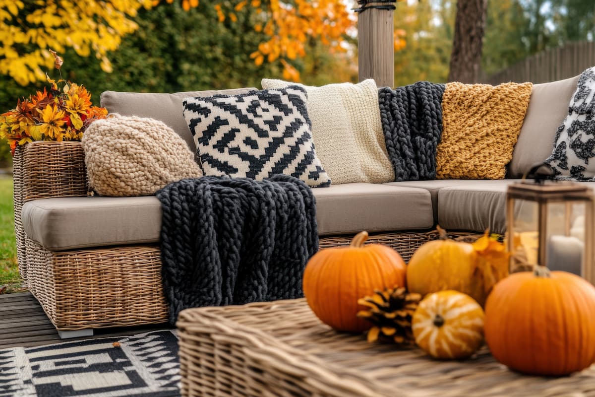 Outdoor sofa and table with blankets, throw pillows and pumpkin arrangement