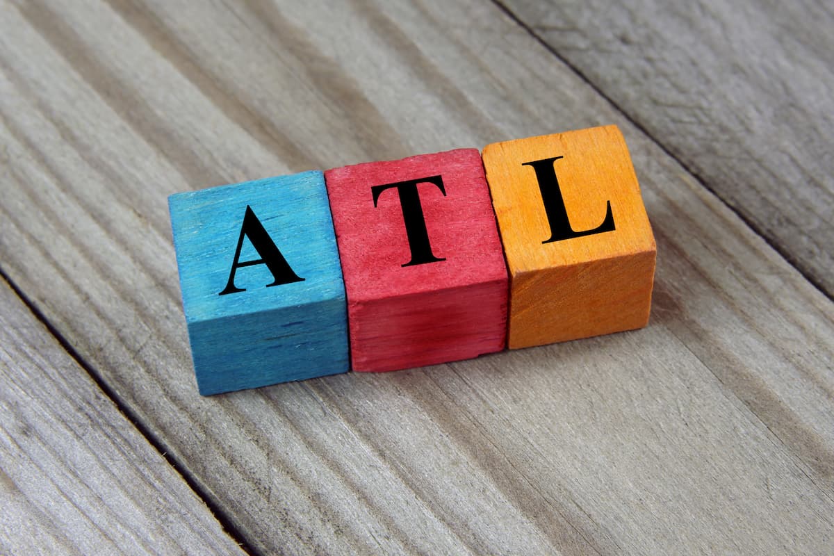 blue, red, and yellow wooden block spelling atl