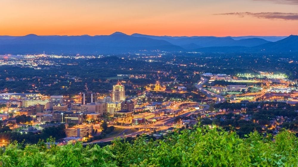 Roanoke, Virginia skyline at sunset.