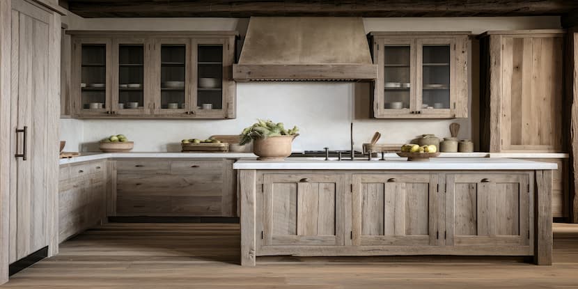 Warm wooden craftsman style kitchen with wood island and wood hood fan