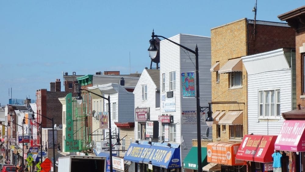 Row of shops on a downtown street in Hudson County.