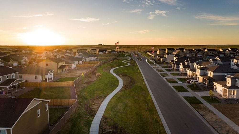 A suburban community at sunset.