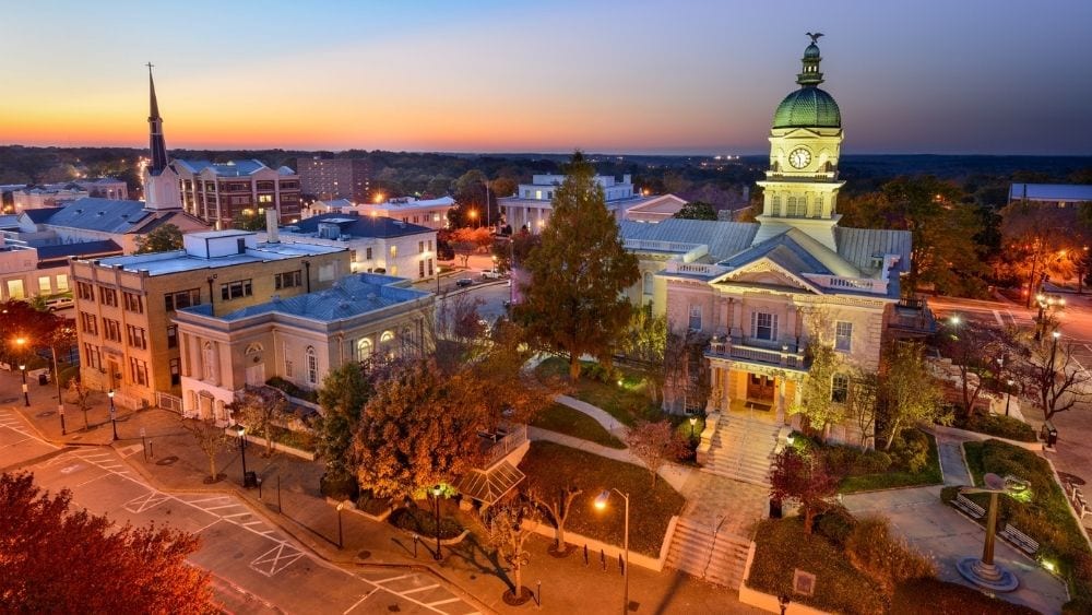View from above of the Athens City Hall and surrounding area at sunset.