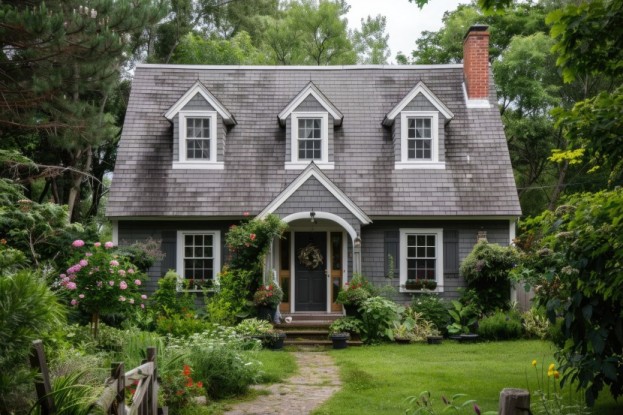 Cape Cod Style home with chimney and grey roof