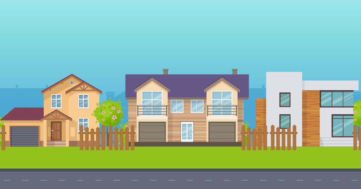 Illustration of various home styles lined up on a street