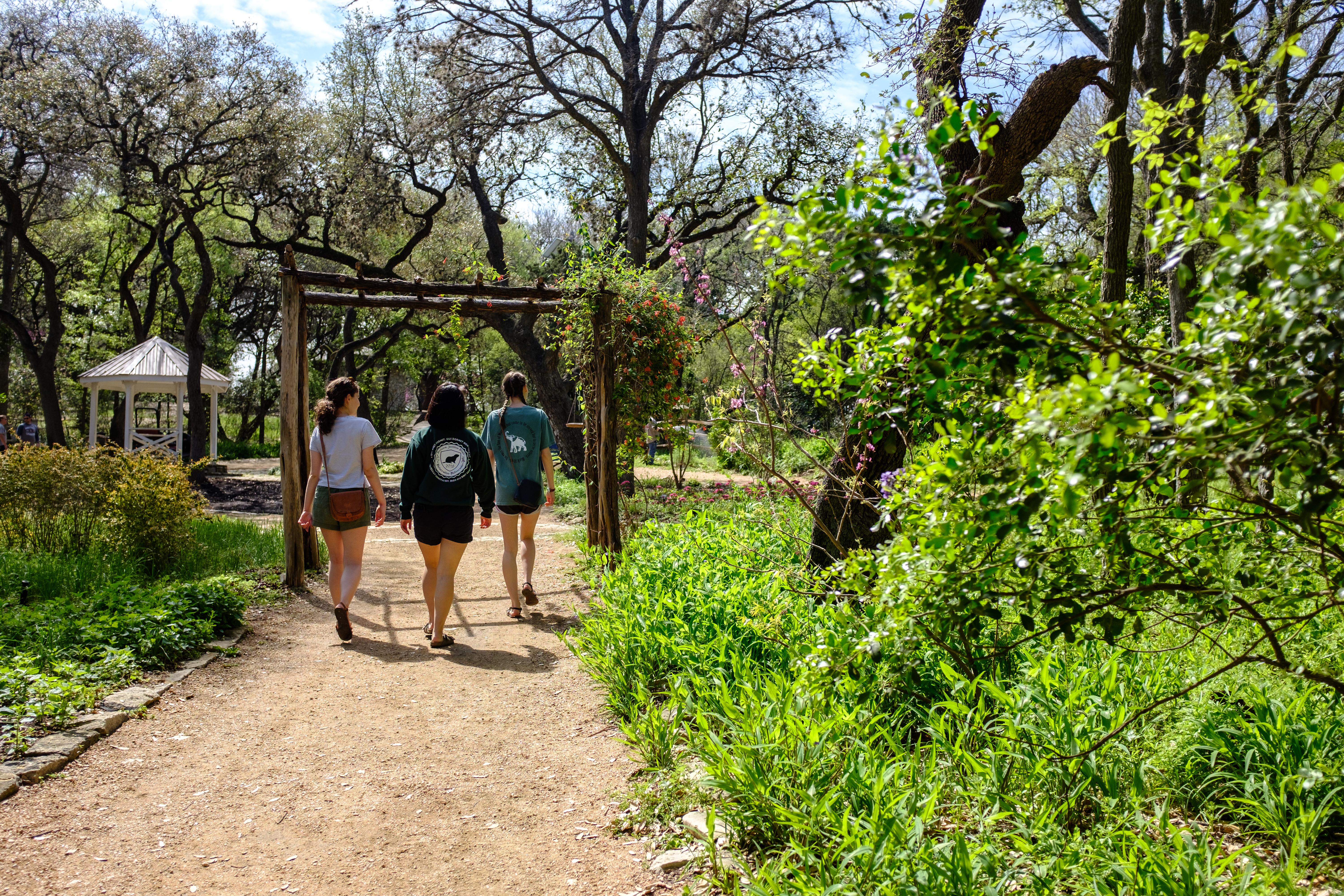 People walking down a botanical garden path near a trellis and gazebo 