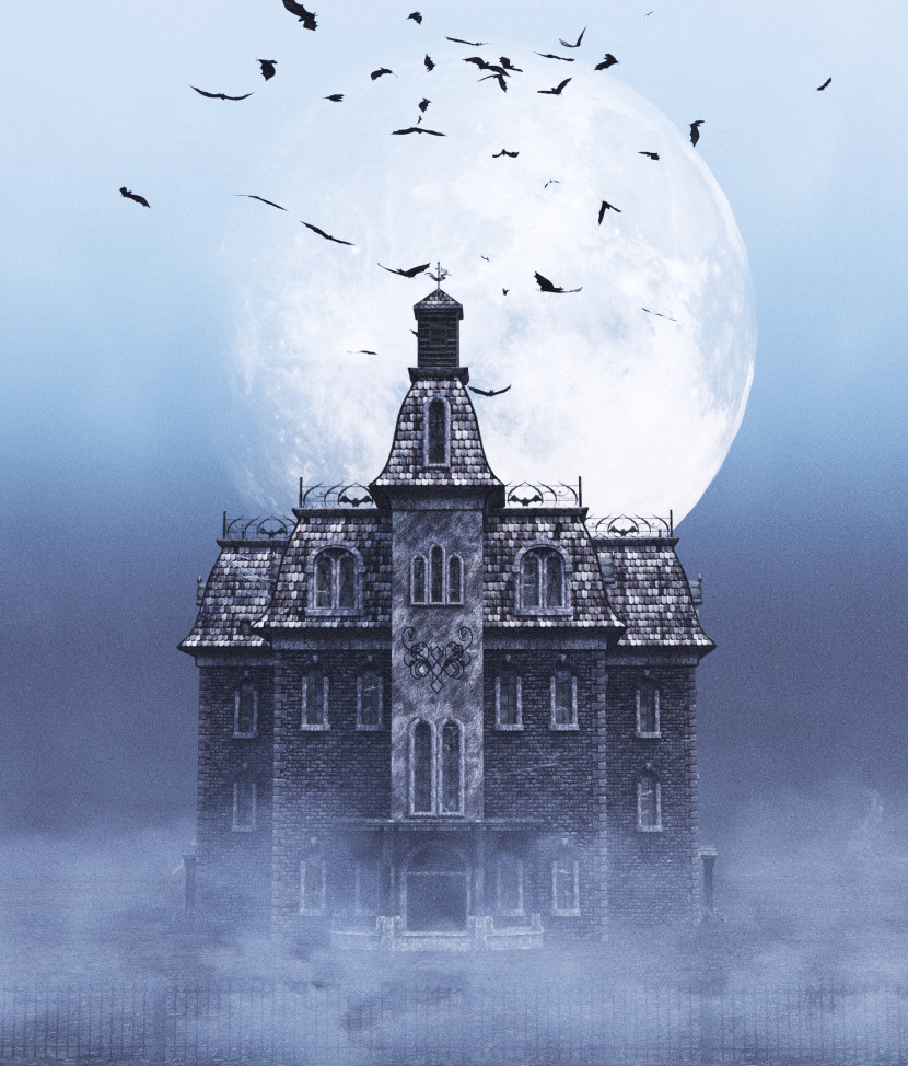 An abandoned Gothic-Style Victorian house, with the moon in the background and bats flying around it, with mist rising from the ground.