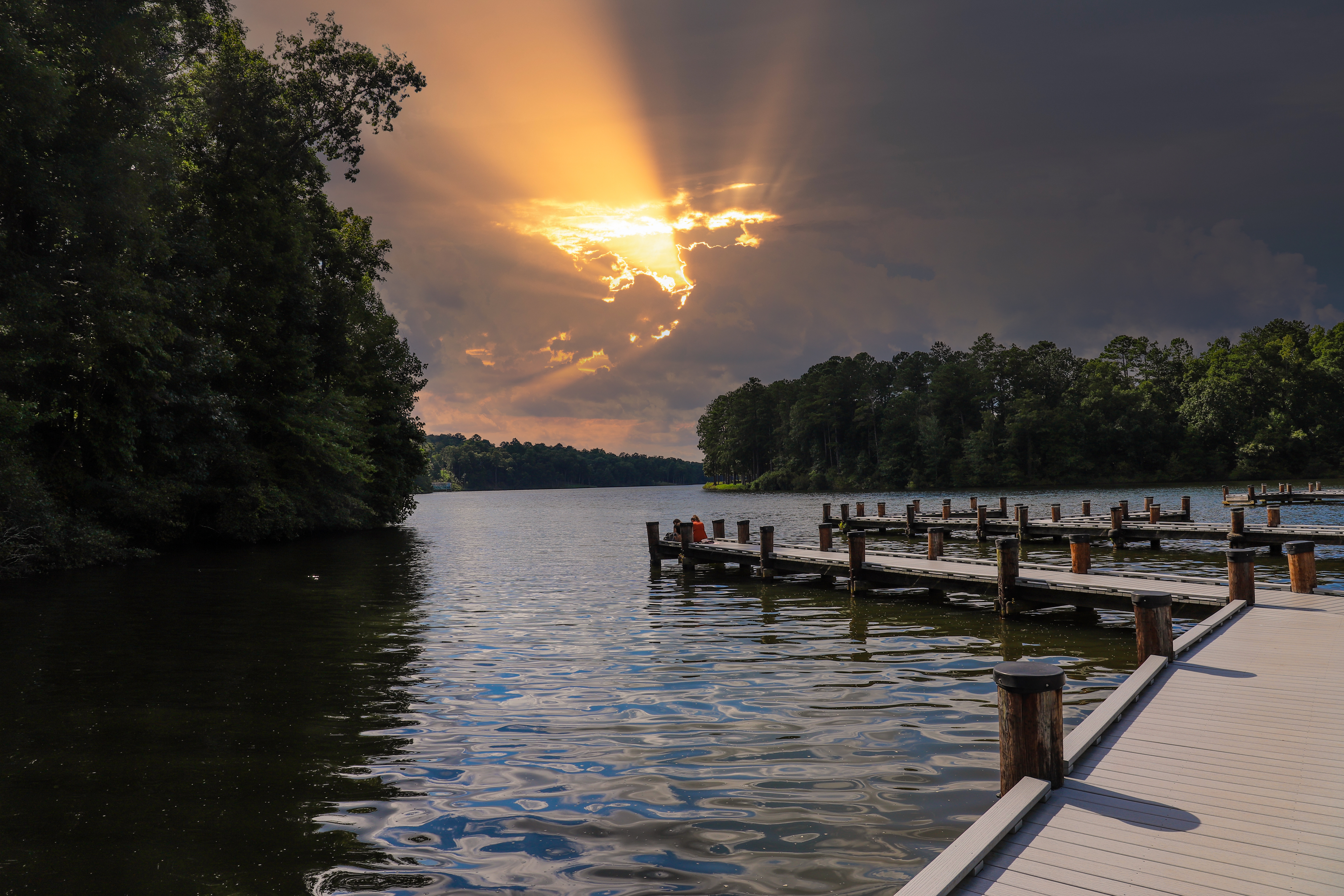 overlooking a lake from a wooden dock