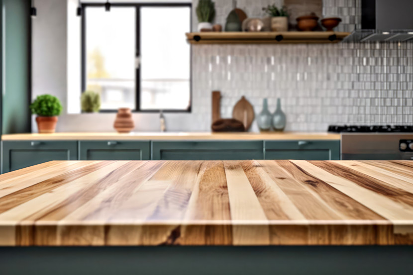 Natural wood grain butcher block counters on a kitchen island, with textured backsplash and open shelving in the background