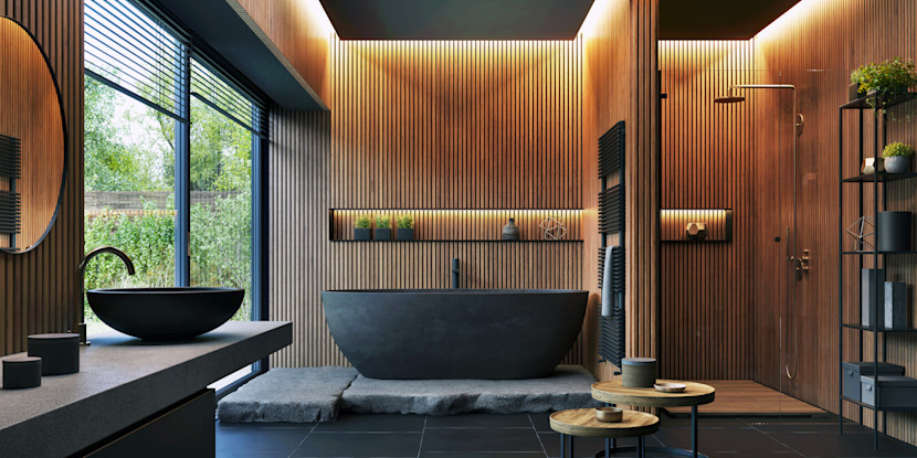 luxury bathroom with wooden trim on the walls, large, black soaker tub and large windows
