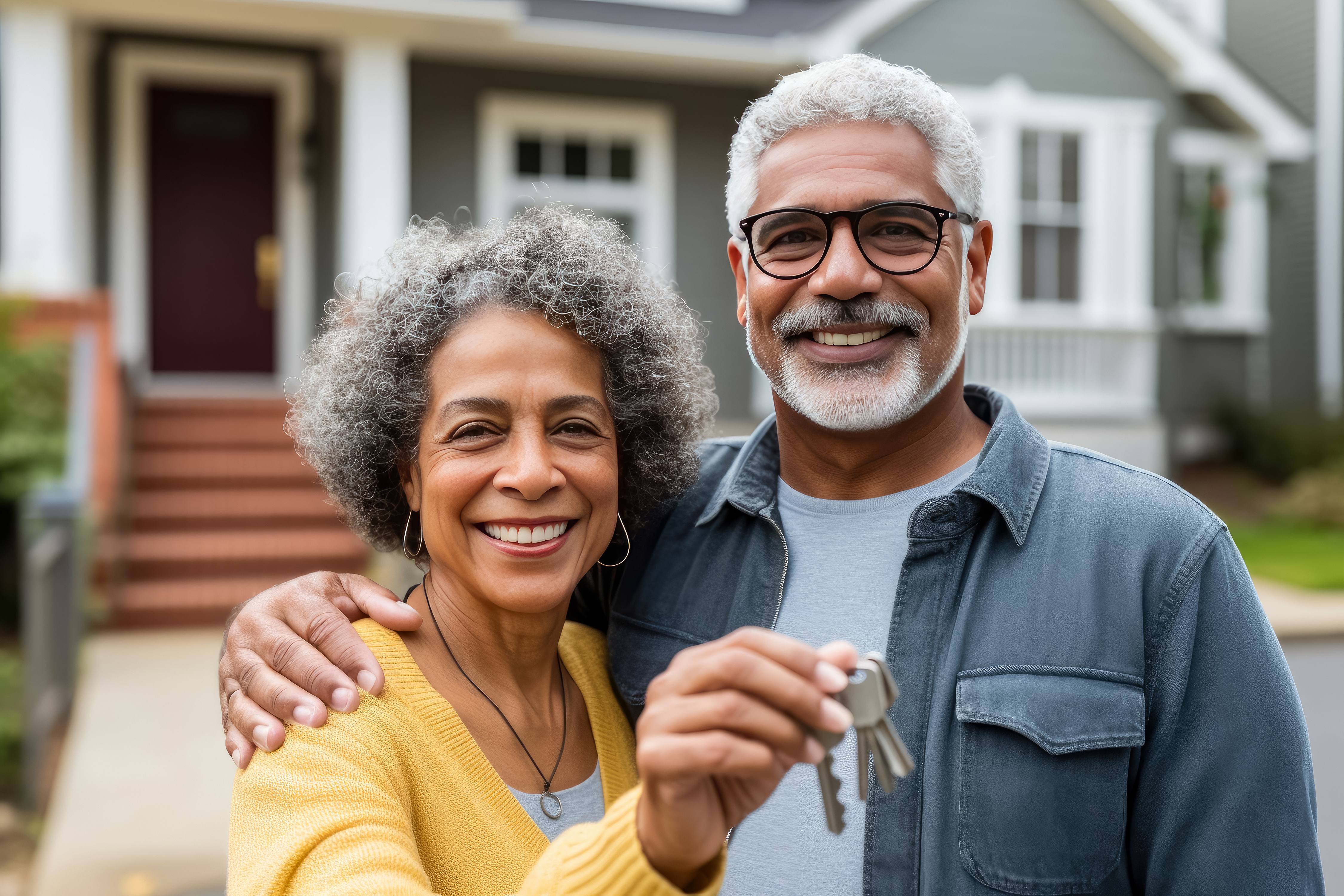 Senior couple outside a new home holding house keys
