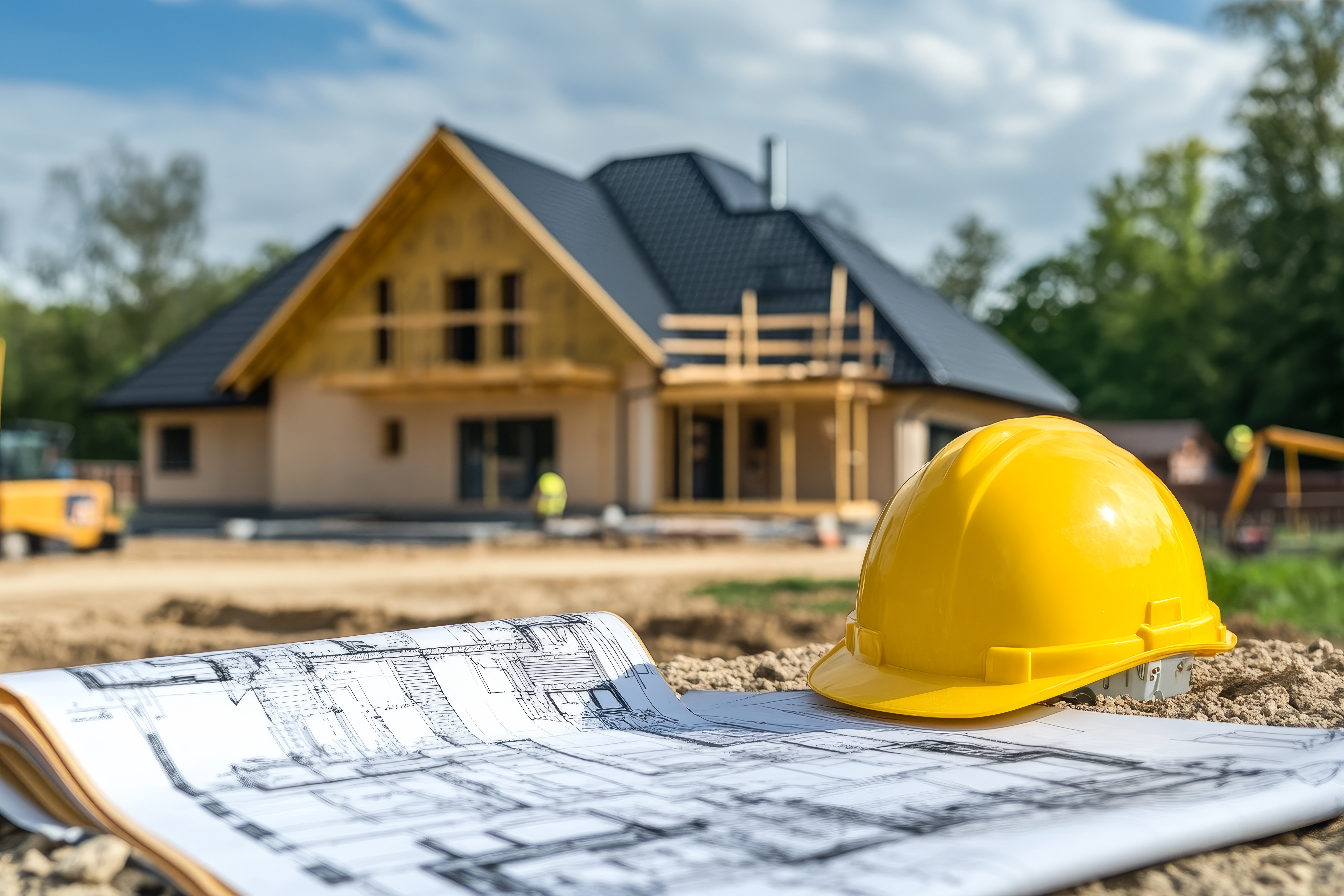 new home being built in the background with home plans in the foreground next to a yellow hard hat