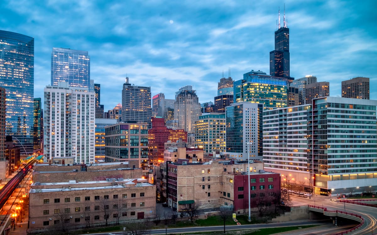 cityscape in West Loop, Chicago at dusk