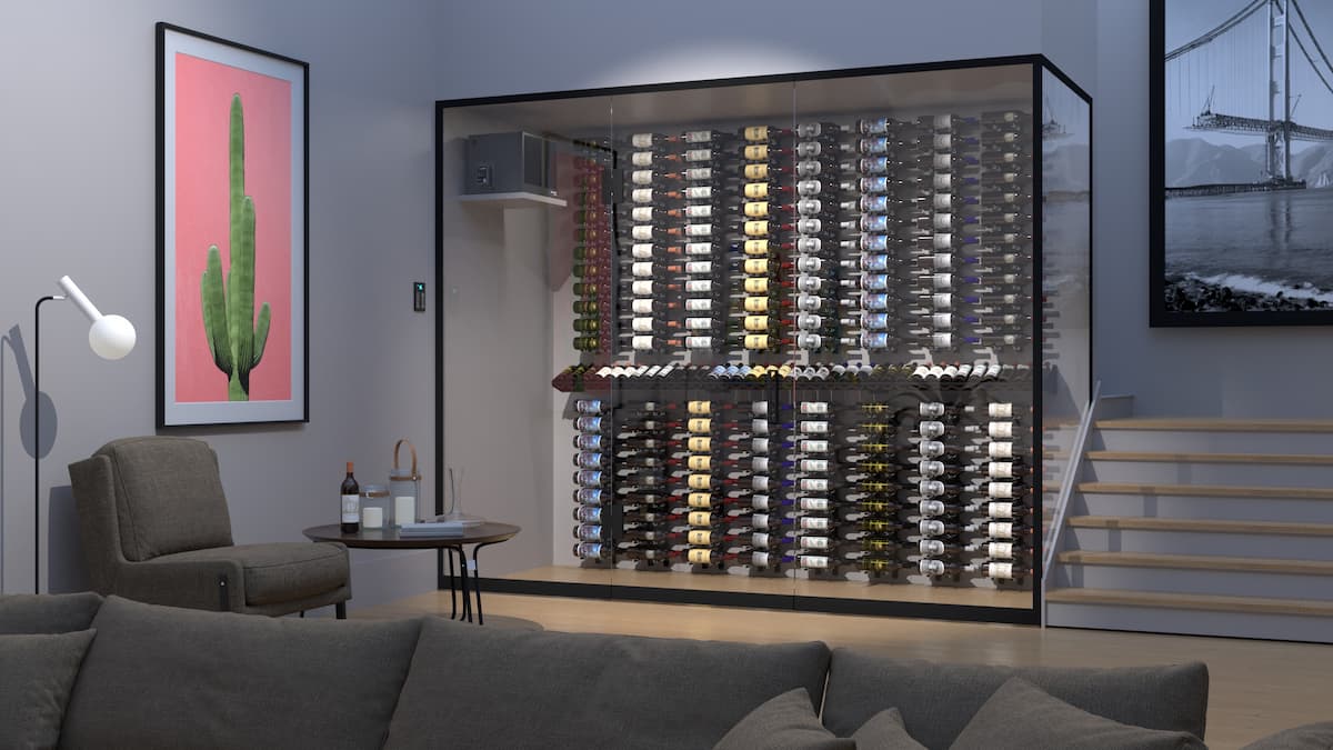 Glass enclosed wine cellar with bottles of wine on display