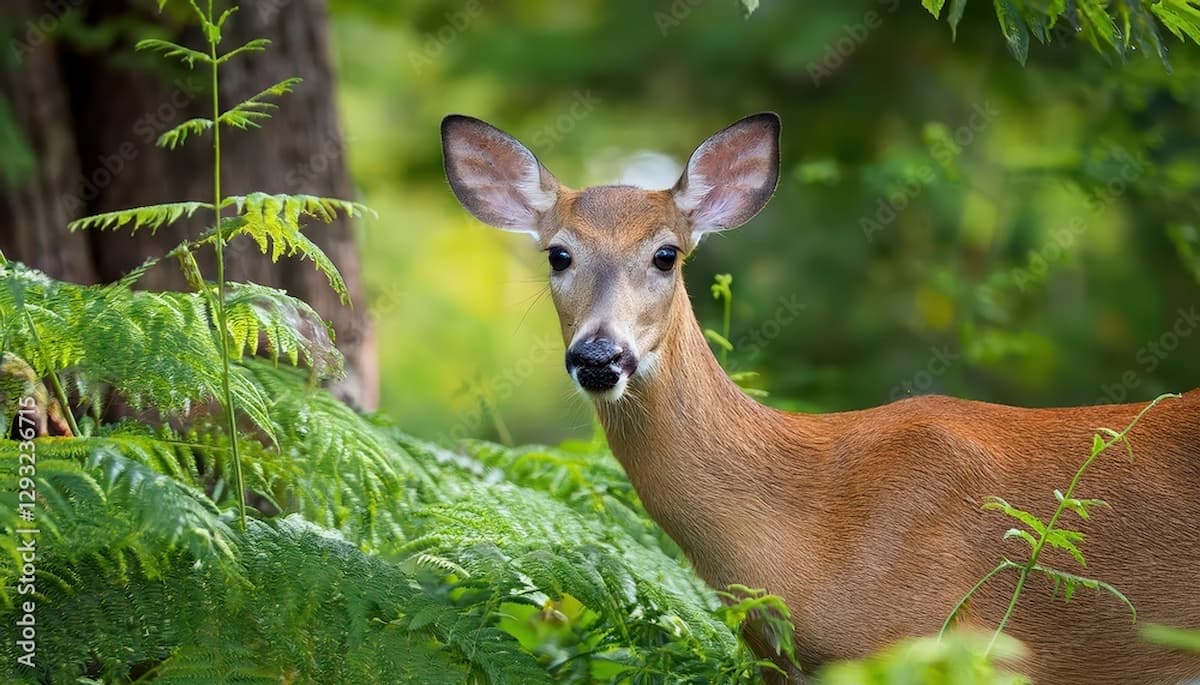 deer surrounded by lush foliage looking towards camera