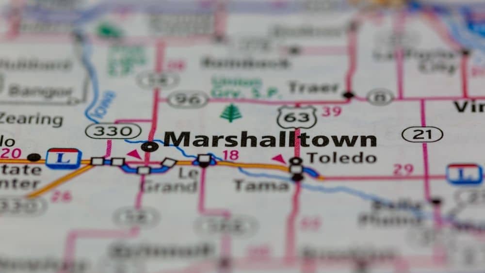 Close-up of a map showing Marshalltown, Iowa.