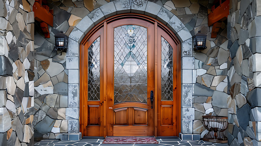 large archway, wooden front door with stone porch