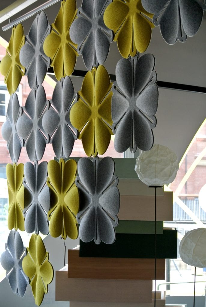 Cute room divider shaped like flowers hanging from the ceiling.