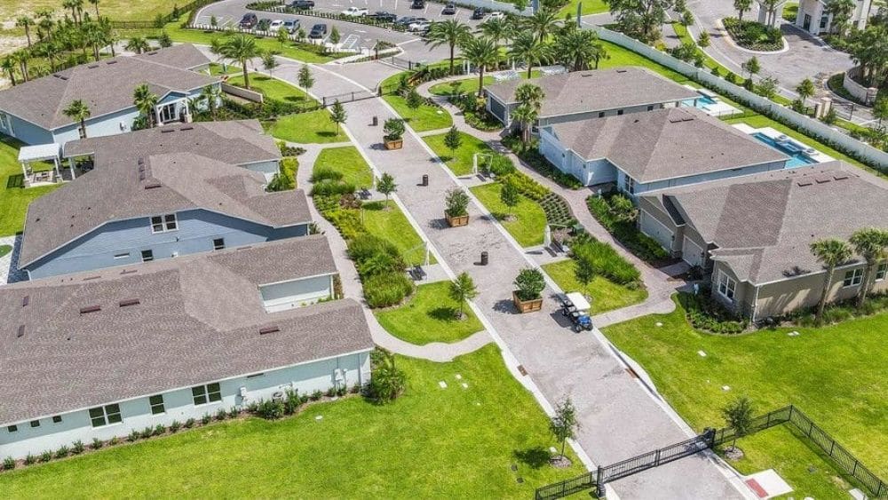 Overview of a suburb with lots of green space.