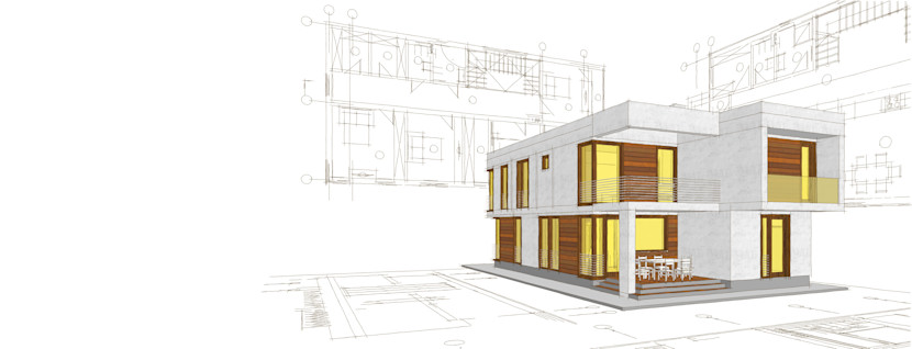Sketch up of a modern, two-story home with building plans in the background