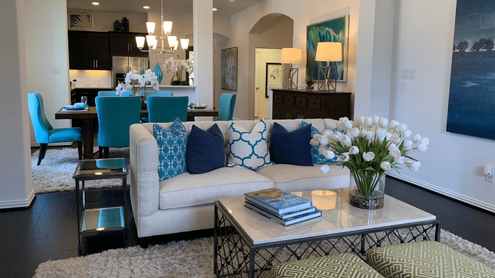 The living and kitchen area in the Highland model in the Travisso community.