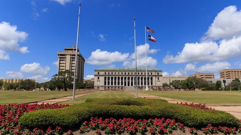 The front of Texas A&M University; a large brick building with flagpoles in front.