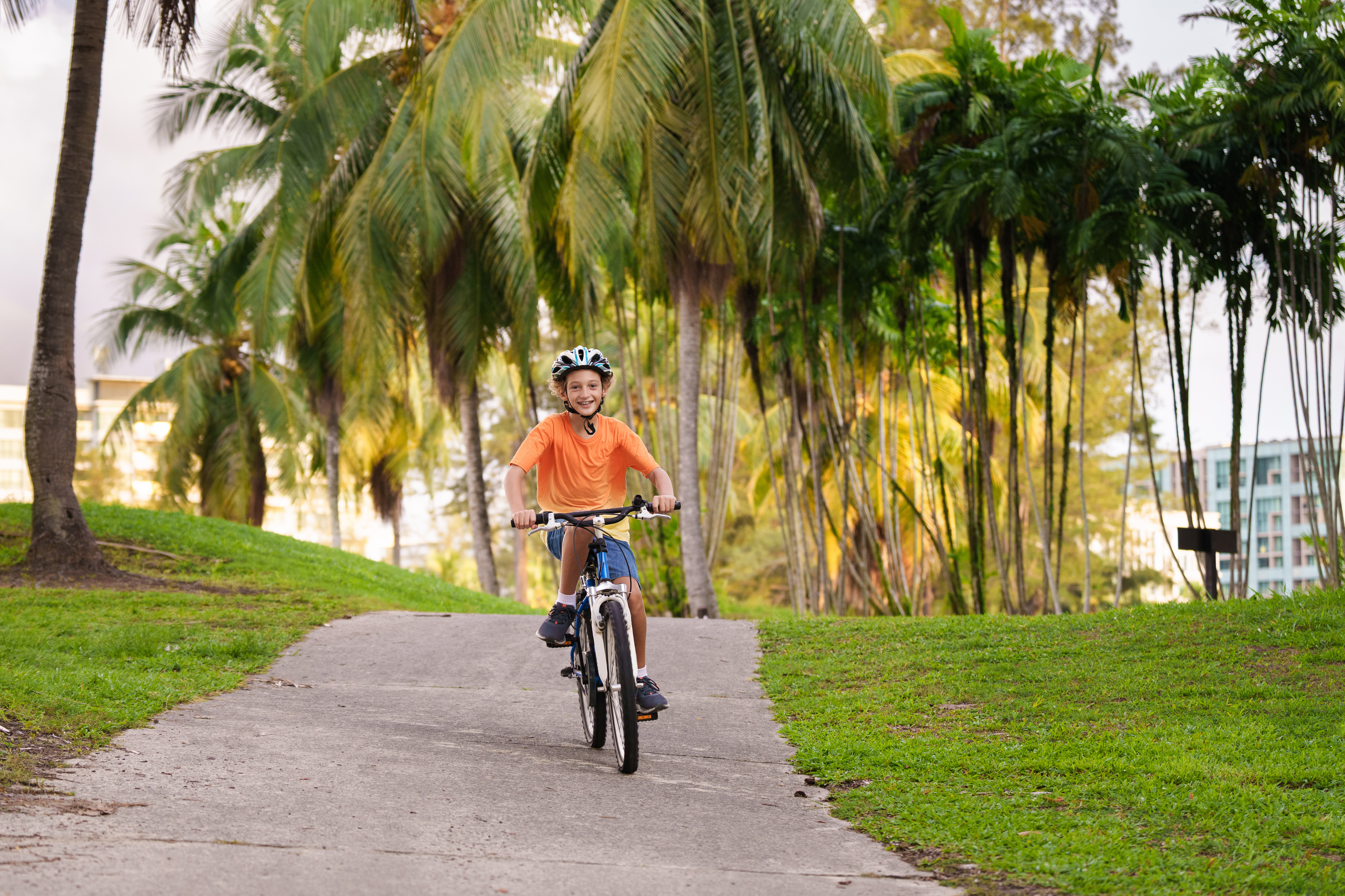 boy riding a bike on trail with palm trees