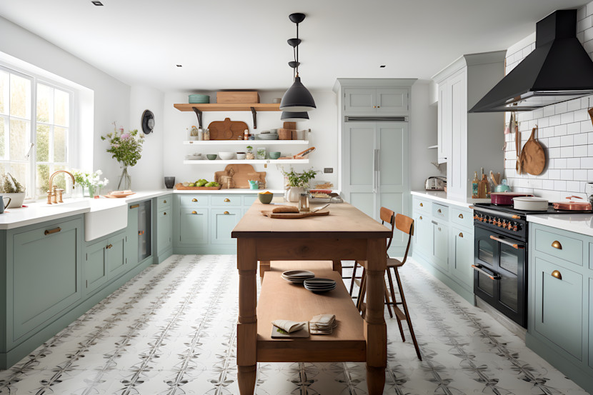 Farmhouse style kitchen with wide apron sink, black pendant fixtures, hood fan, wooden dining table and green cabinetry