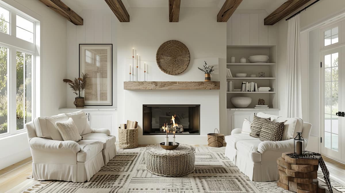 Transitional living room in monochromatic colors, with mantel and fireplace