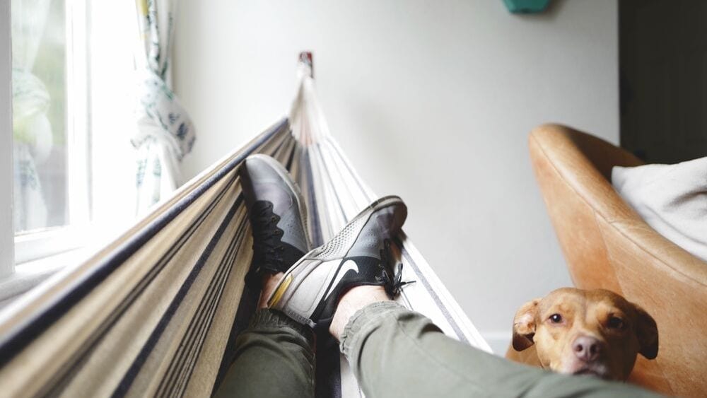 A guy relaxing with his dog