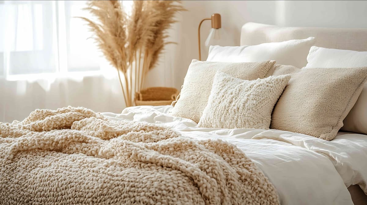 Warm minimalist bedroom, with textured bedding and neutral colors