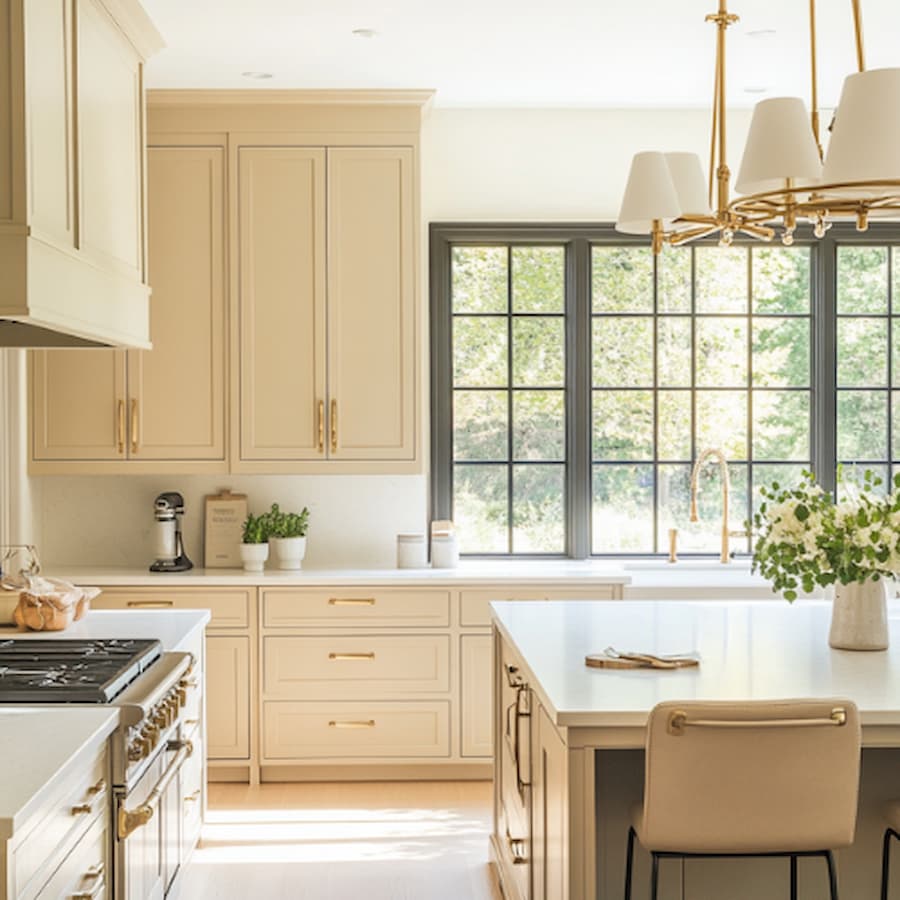 A kitchen painted with C2's Paint Color of the Year, Epernay, a ivory with yellow undertones