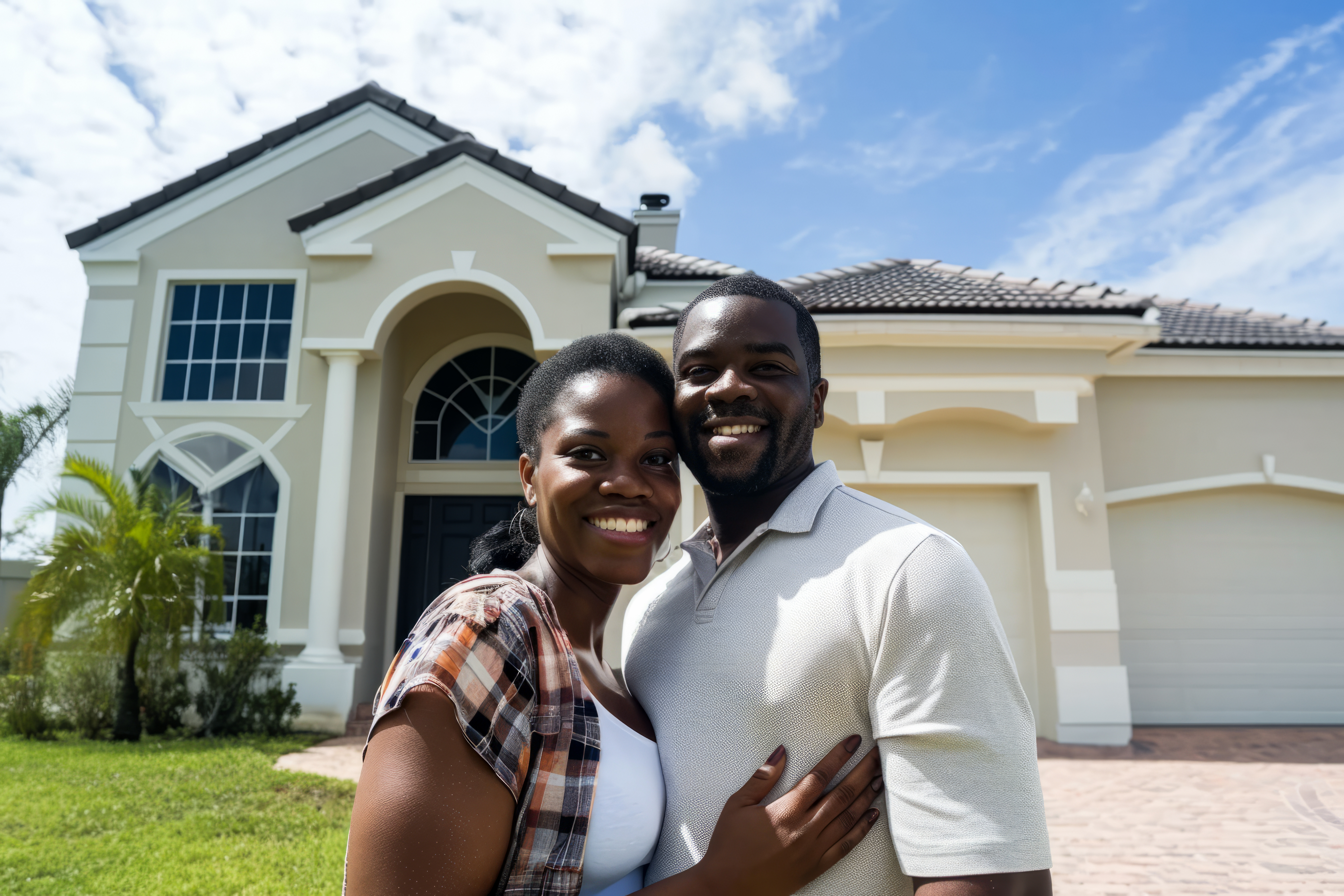 A BIPOC couple in front of a suburban home