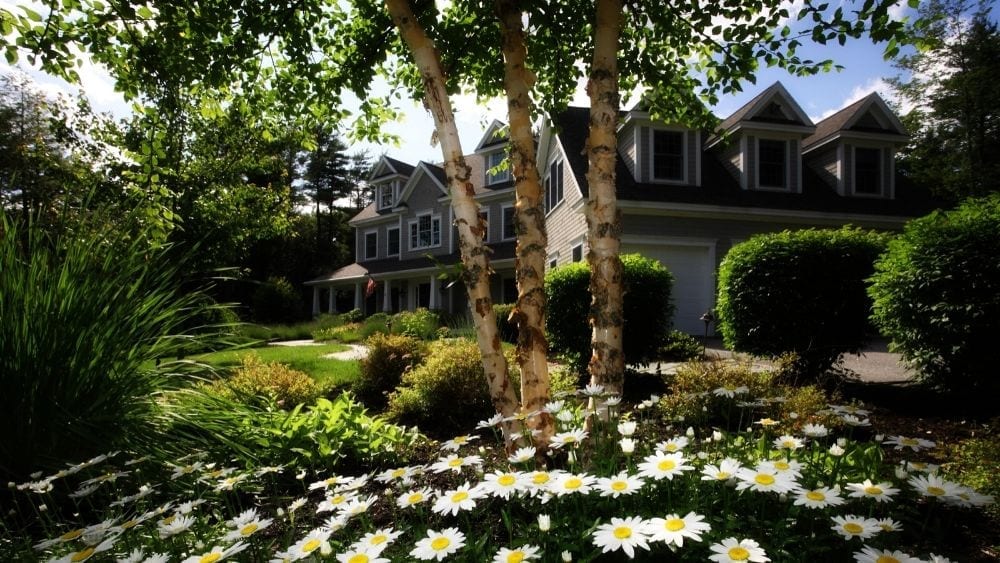 Beautifully landscaped home with trees, shrubbery, and flowers