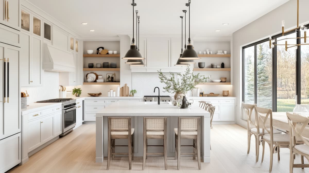 white kitchen with seating at the island