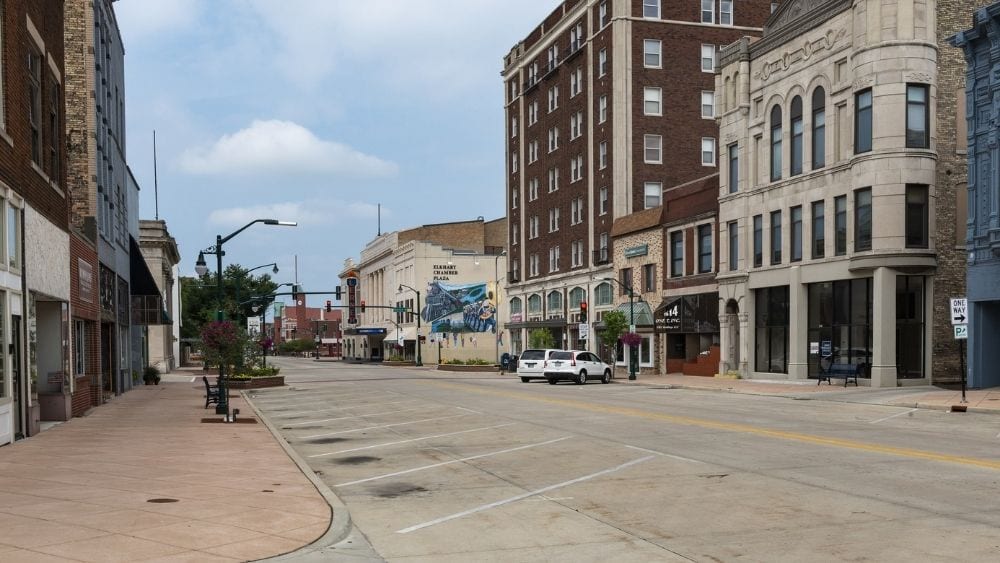 View of Elkhart town square on a quiet day.
