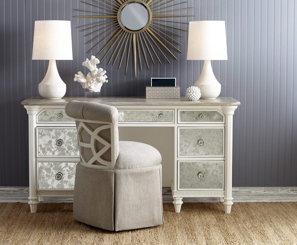 White desk with oak top and mirrored drawer fronts from A.R.T. Furniture.
