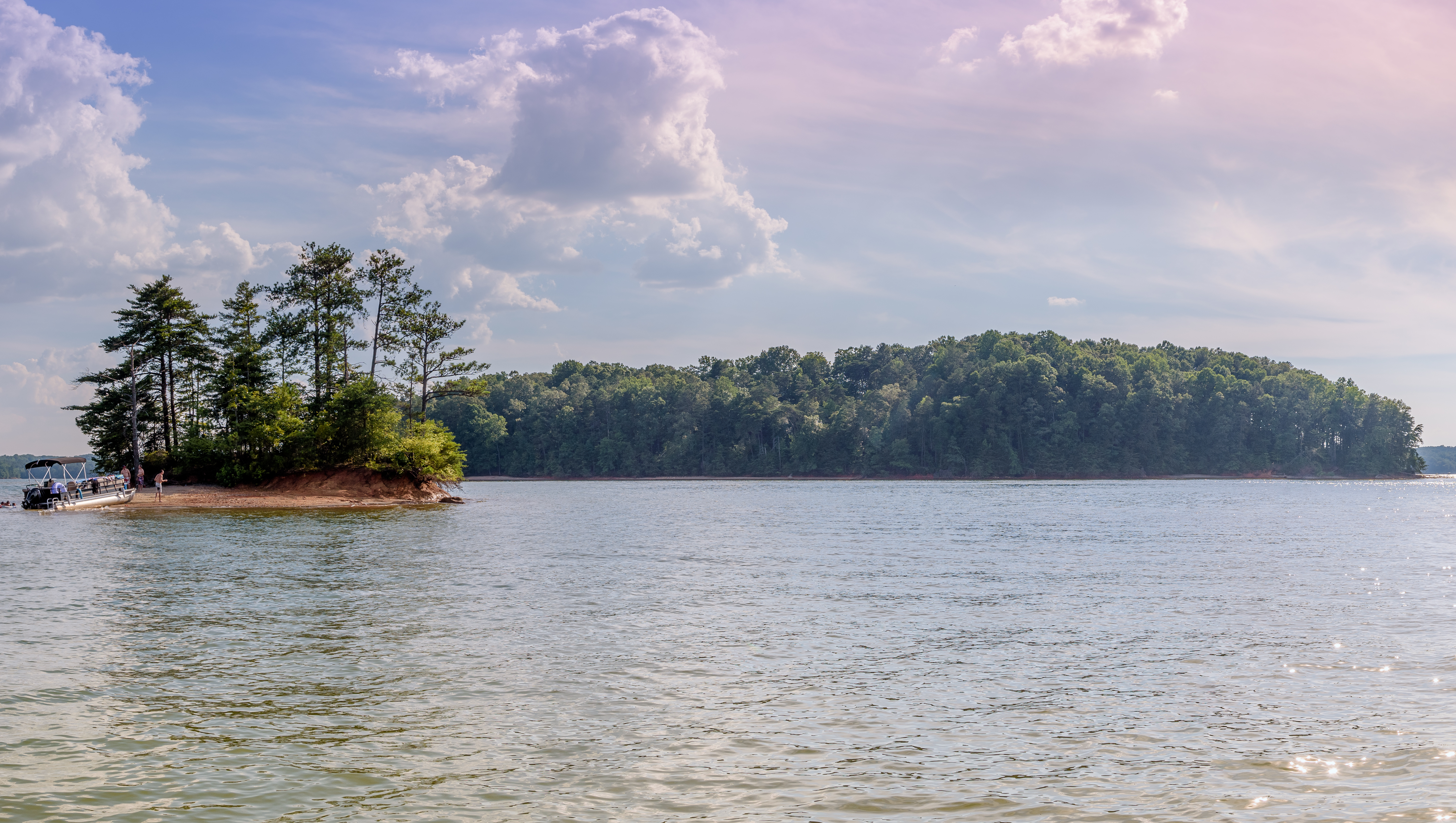 Panoramic view of Lake Lanier with treed islands