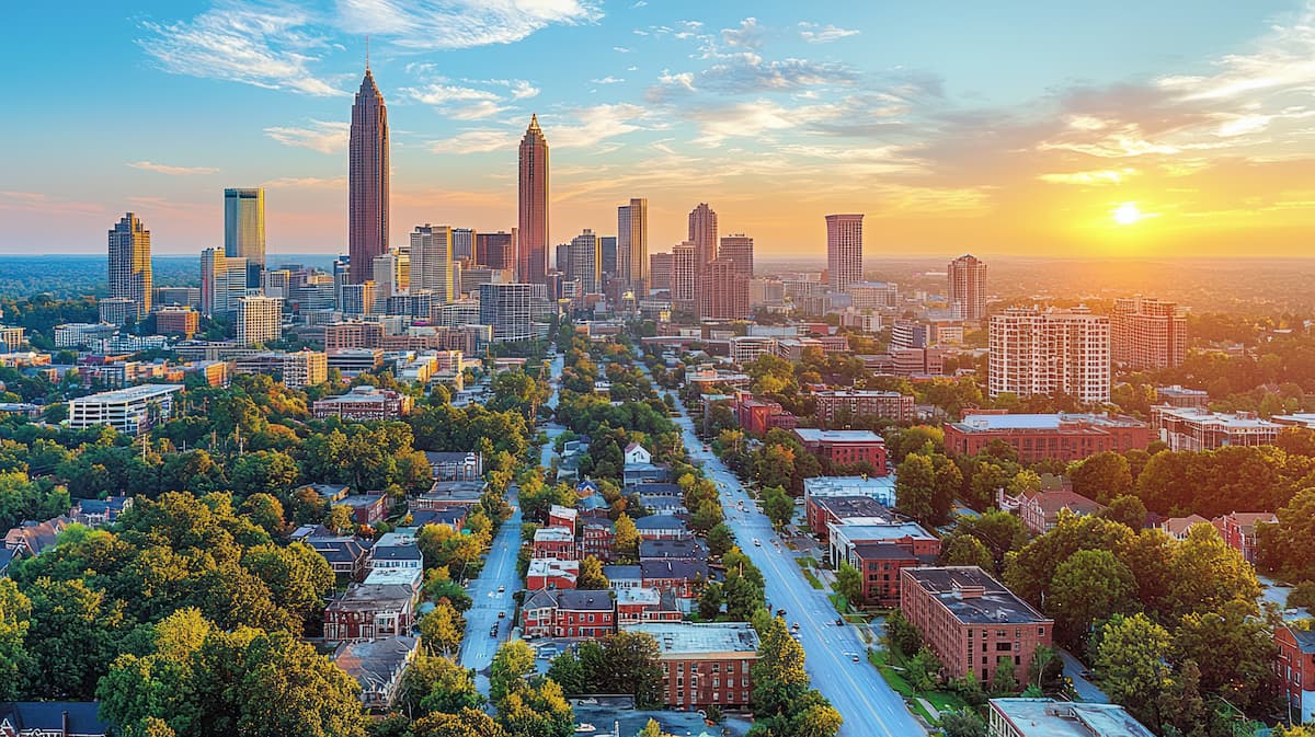 urban sprawl of neighborhoods and downtown in background