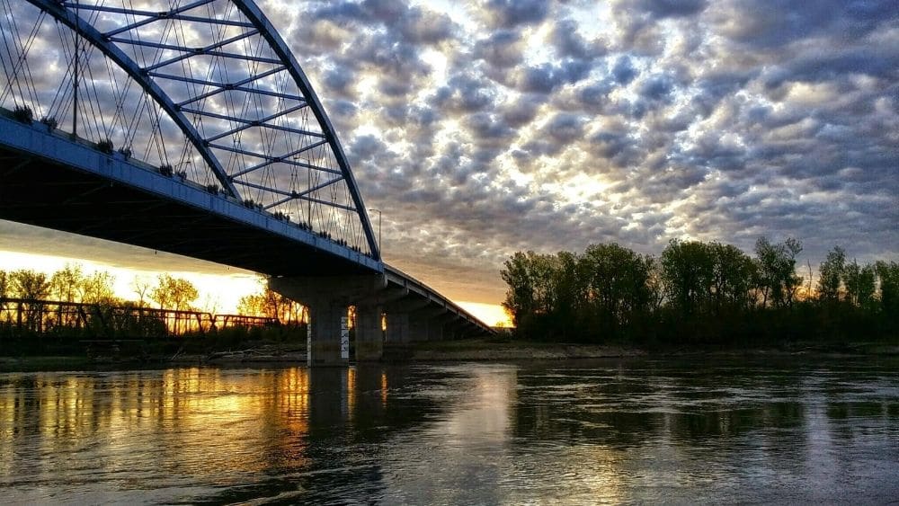 sunrise over missouri river in atchison, kansas