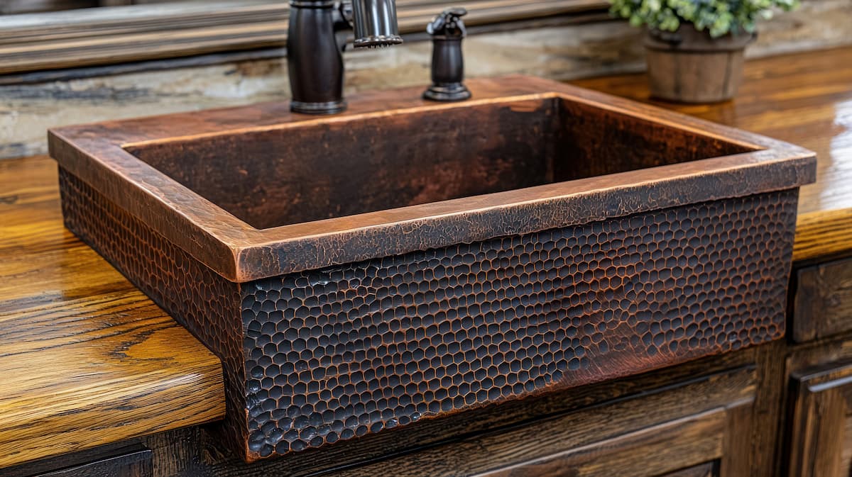 Hammered copper farmhouse sink in natural wood countertop with pewter fixtures